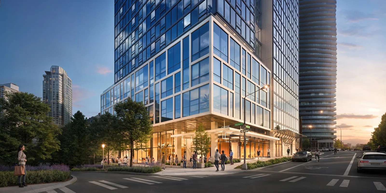 Rendering of 1000 Virginia, a multifamily project in Seattle, WA: street corner at sunset – BOGZA