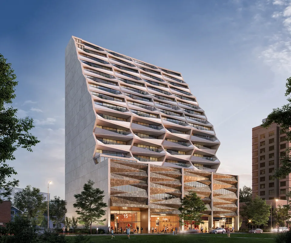 Exterior rendering of 15 Music Square, a multifamily project in Nashville, TN – BOGZA