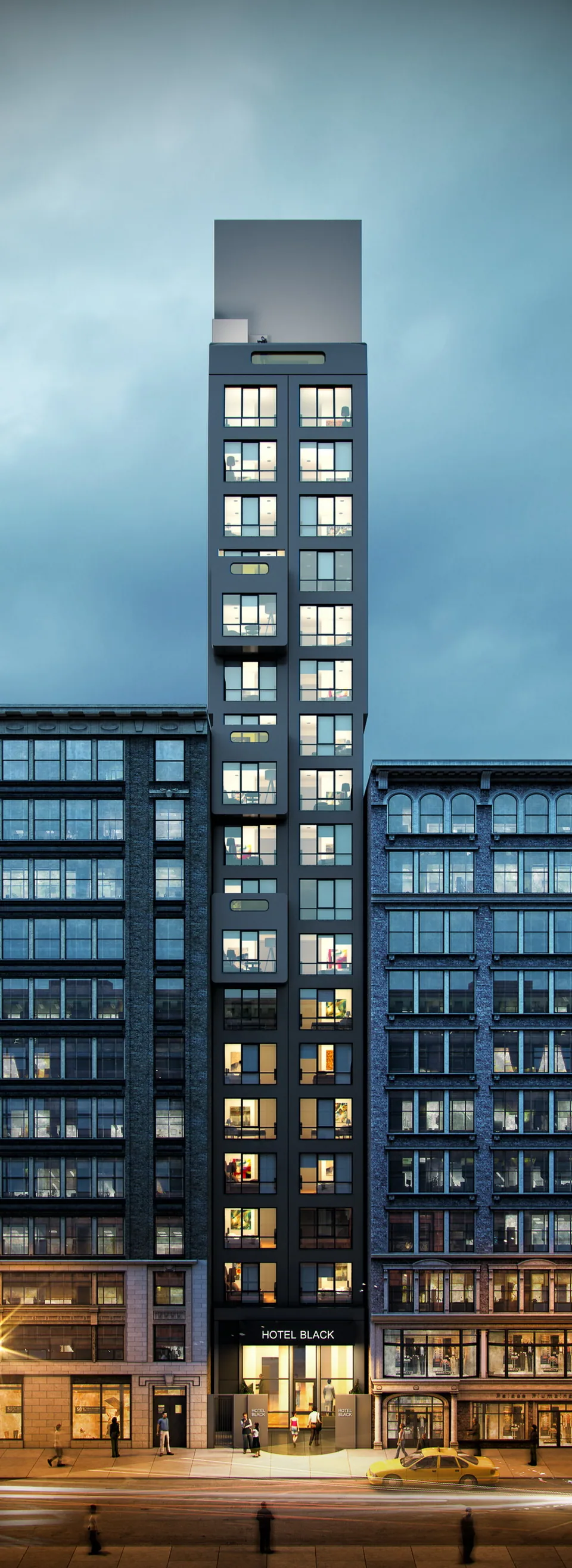 Slender dark-glass hotel tower at 17 West 24th St in Manhattan at dusk among older buildings