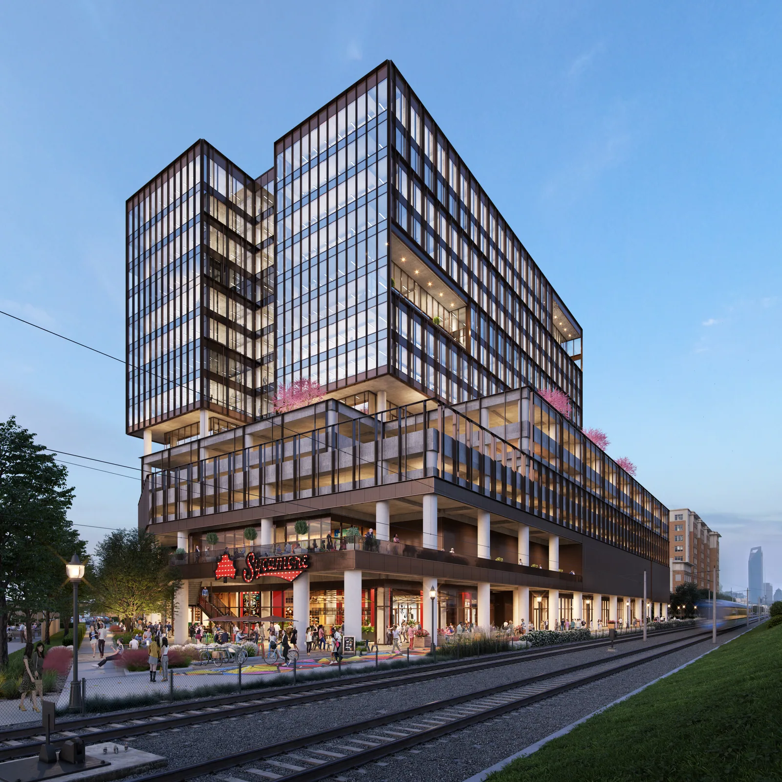 Twilight street-level exterior rendering of 2151 Hawkins, an office project in Charlotte, NC – BOGZA