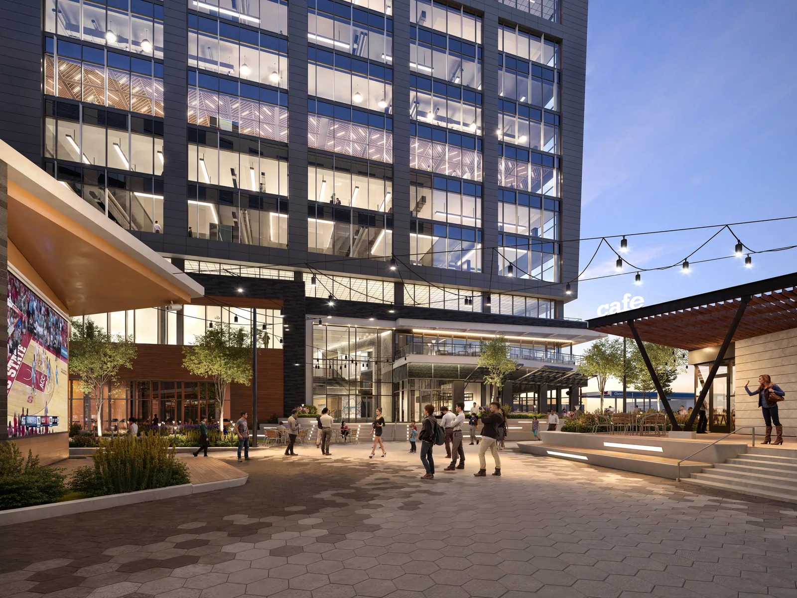 Rendering of 623 Hillsborough, an office project in Raleigh, NC: plaza and entry at dusk – BOGZA
