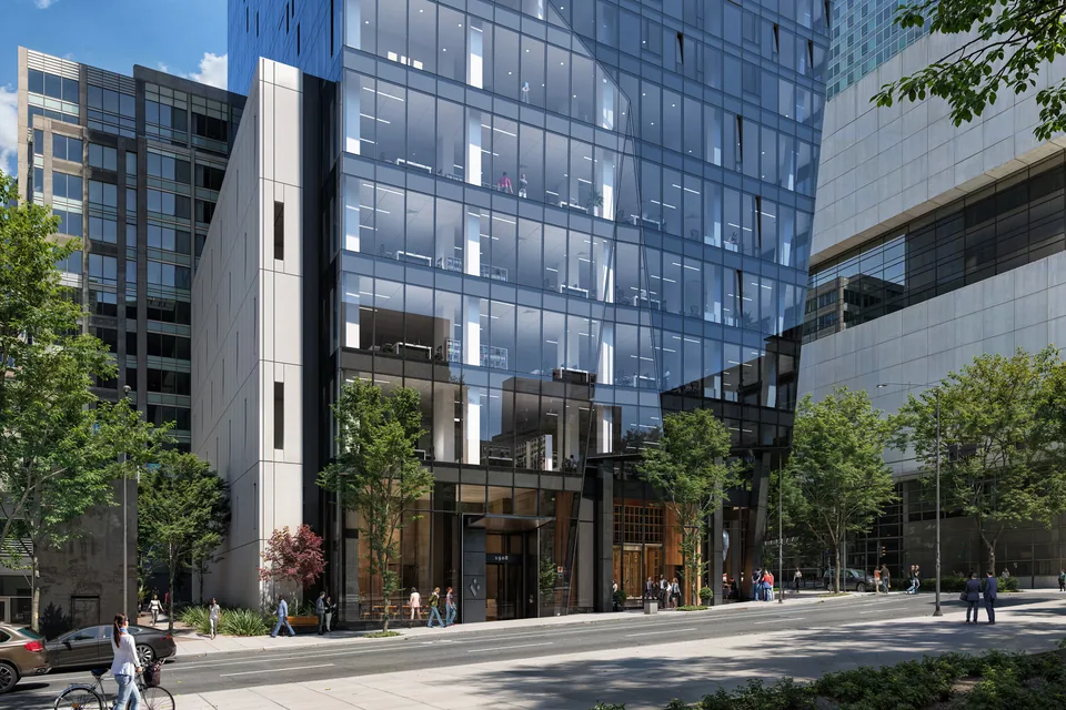 Rendering of 800 Stewart, an office project in Seattle, WA: street-level glass facade – BOGZA