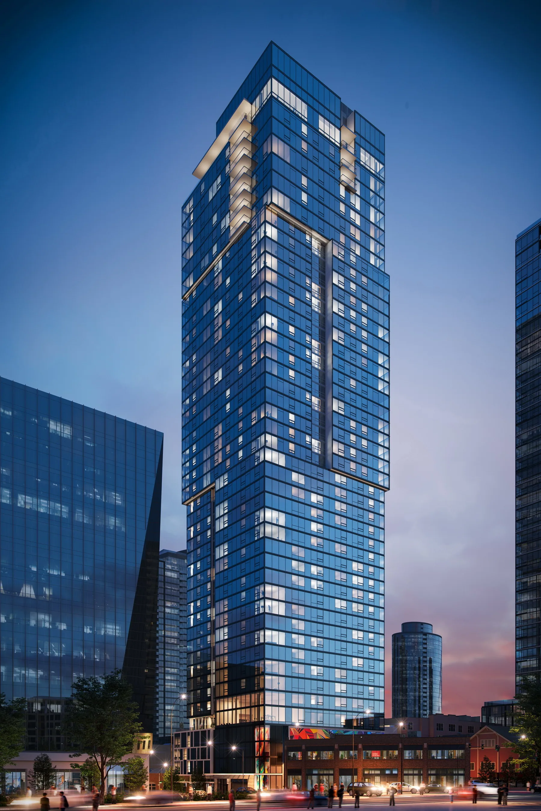 Twilight street-level exterior rendering of The Ayer, a multifamily project in Seattle, WA – BOGZA