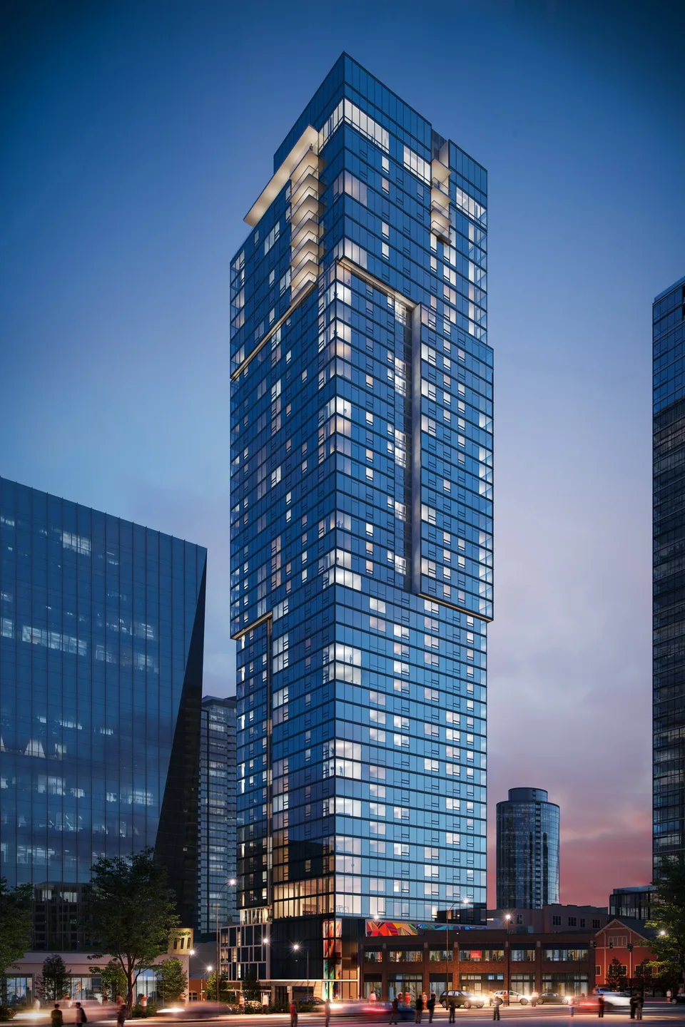 Twilight street-level exterior rendering of The Ayer, a multifamily project in Seattle, WA – BOGZA