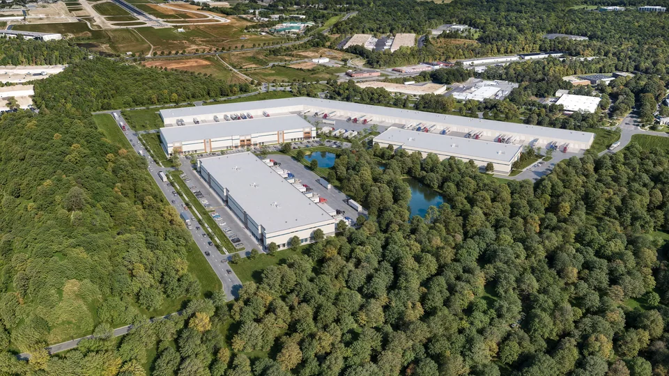 Aerial of the CLT Logistics Center distribution buildings among woodland near Charlotte, NC
