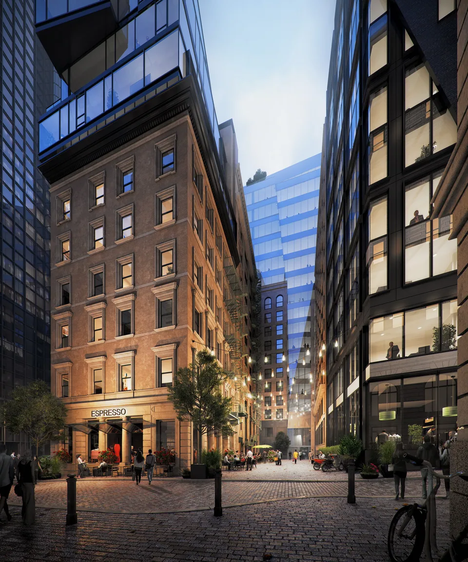 Rendering of Congress Square, a hotel project in Boston, MA: historic tower from the street at dusk – BOGZA