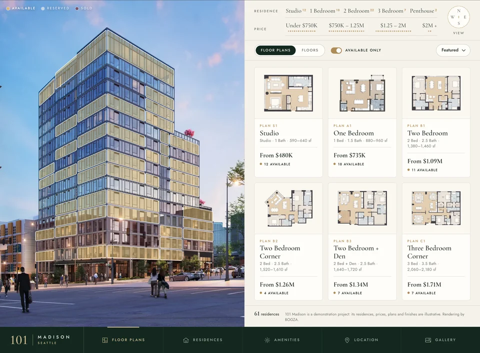 101 Madison with every available home outlined in gold