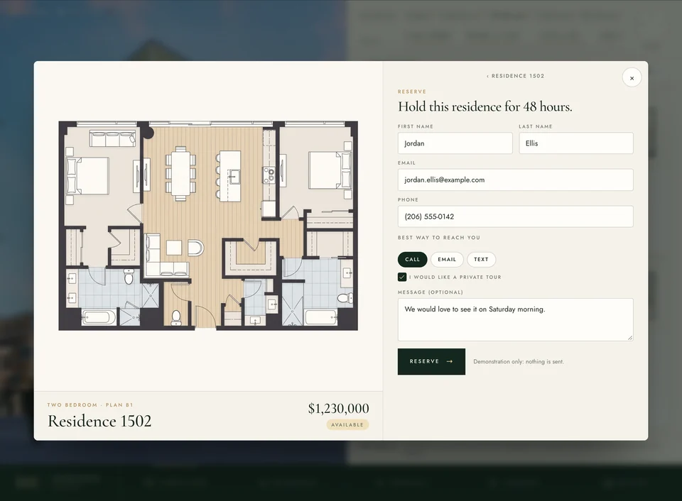 The reservation form for a residence