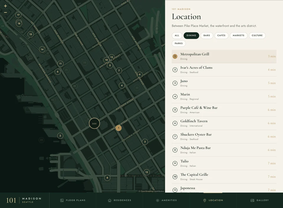 The location map with nearby restaurants