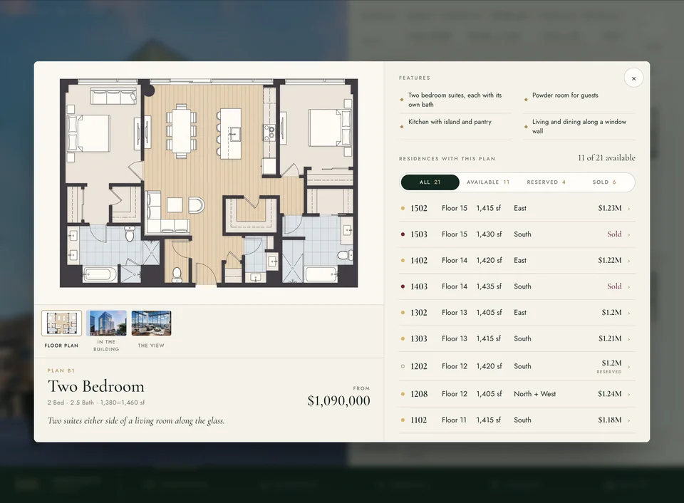 A two-bedroom plan with the residences that share it