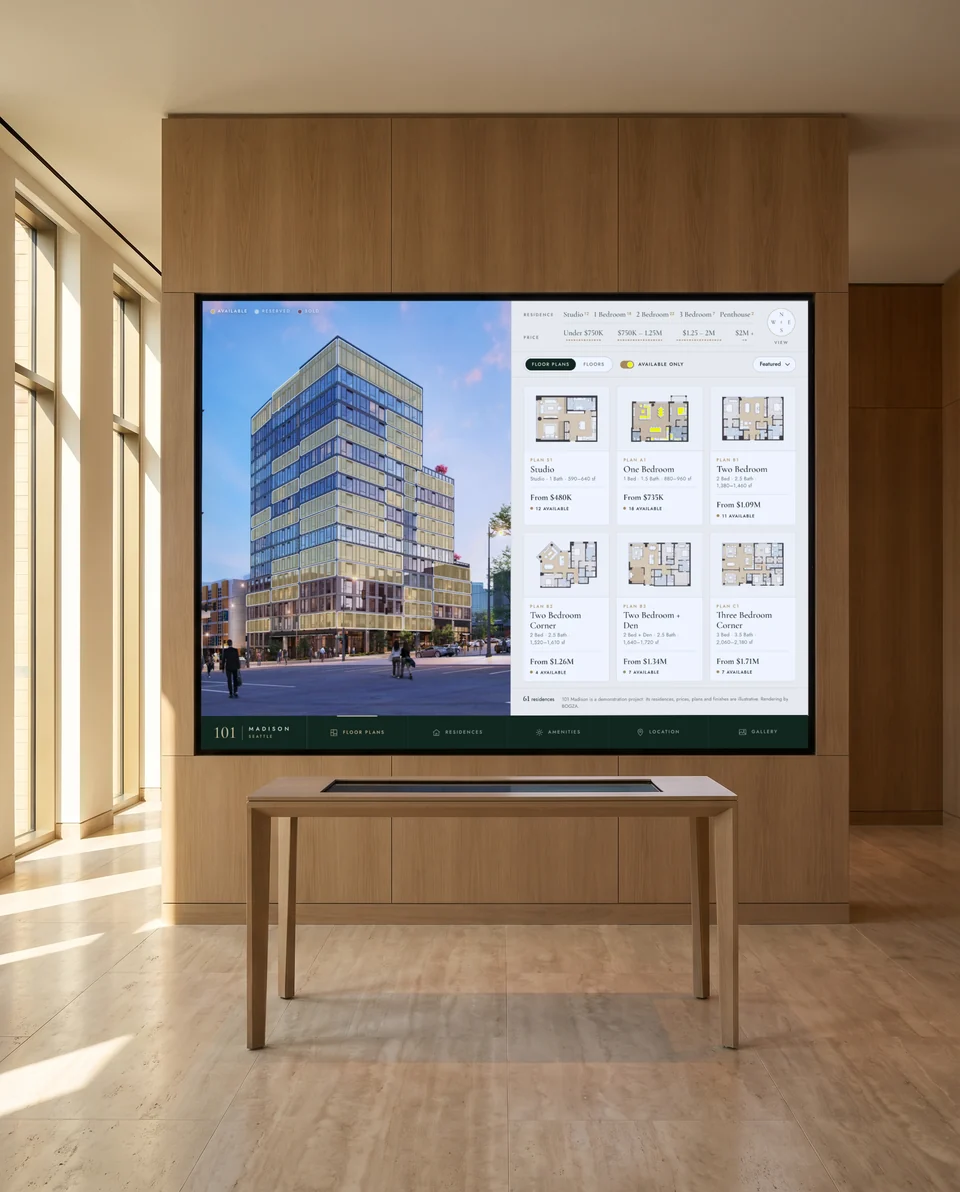 101 Madison on an LED wall in a sales gallery, with a touch table in front (illustrative scene; the screen is the live demo)