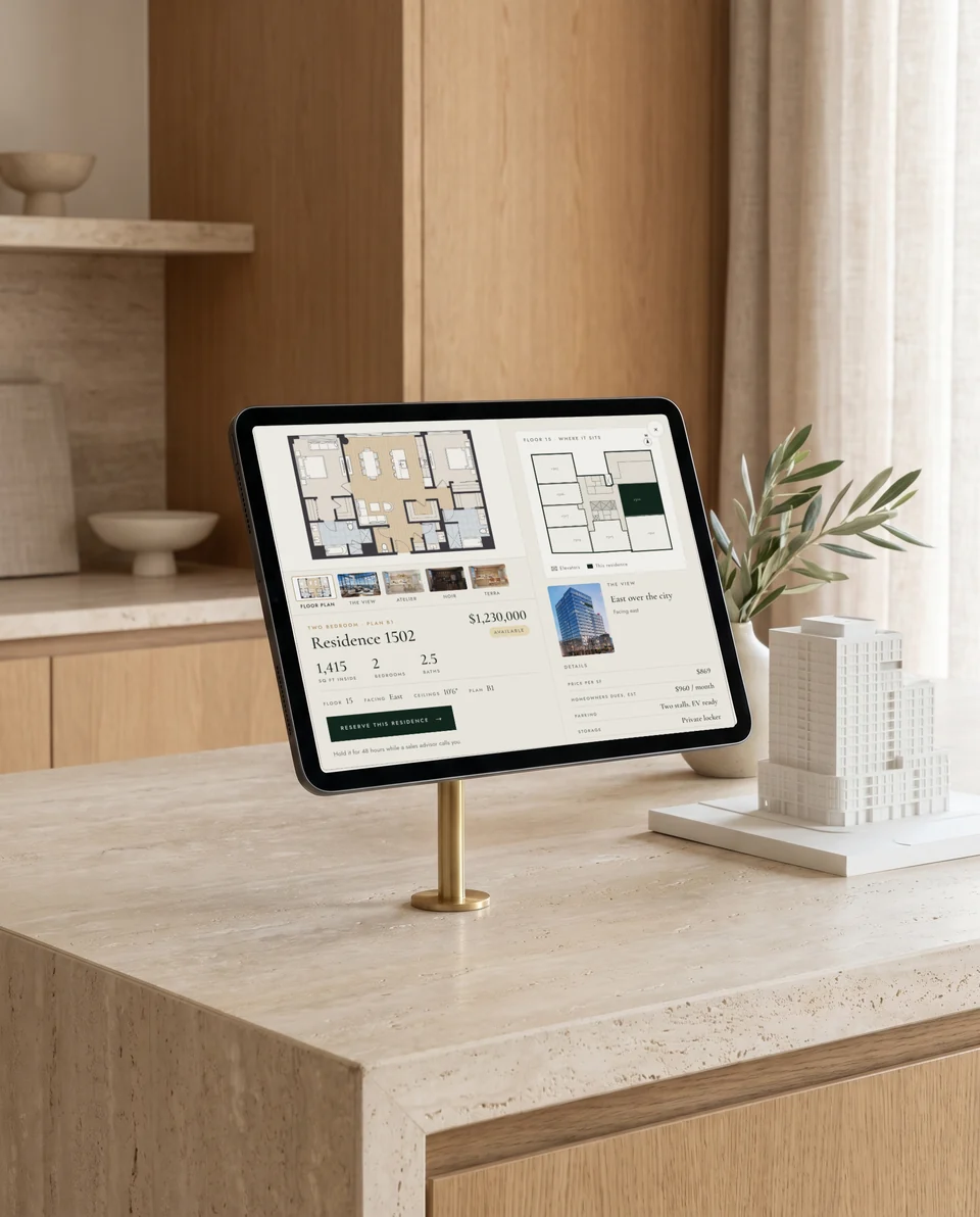 A 101 Madison residence and its floor plate on an iPad in a stand (illustrative scene; the screen is the live demo)