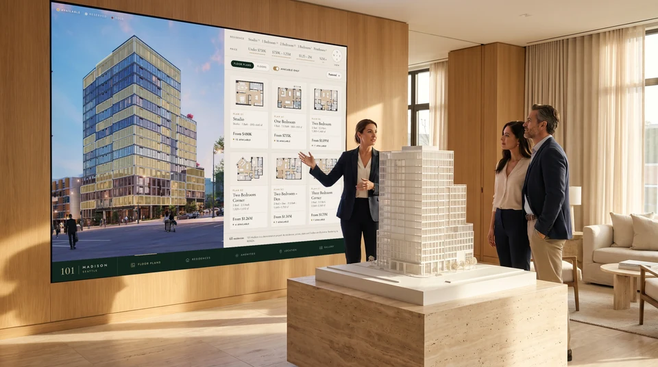 A sales director presenting 101 Madison to a couple on an LED wall beside the building's model (illustrative scene; the screen is the live demo)