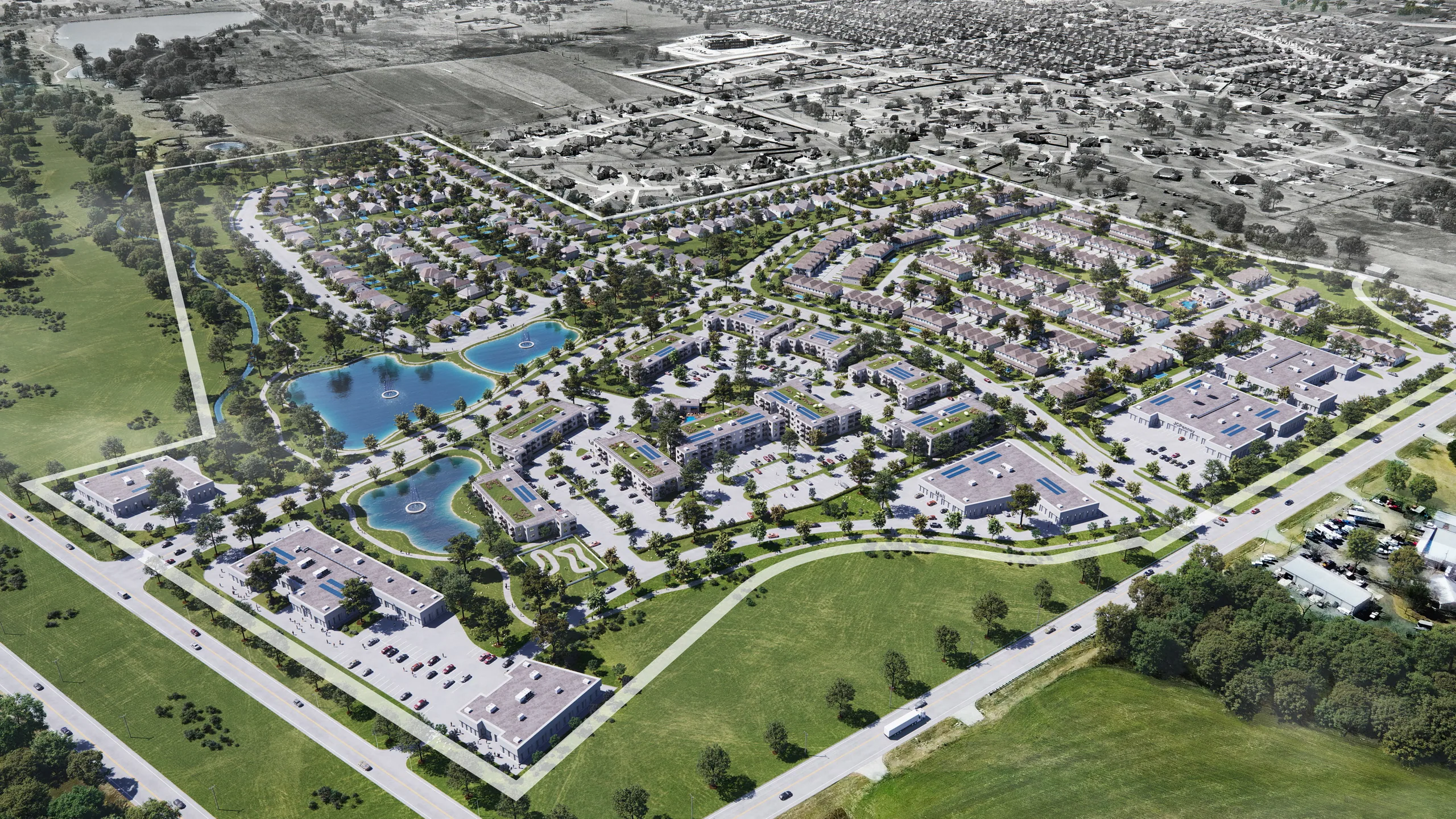 Exterior rendering of Hutto Subdivision, a masterplan project in Austin, TX – BOGZA