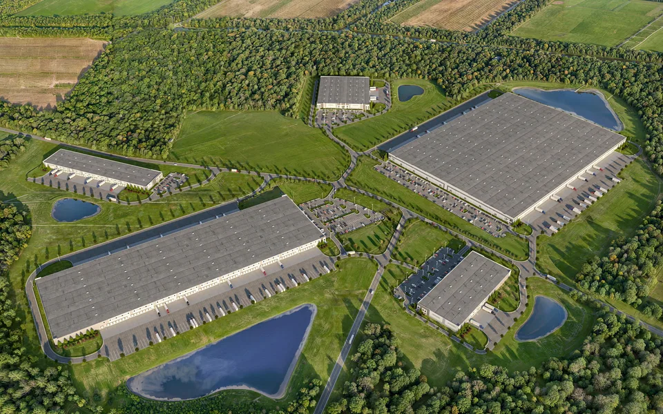 Aerial of distribution buildings and ponds at Lexington Industrial Park in Lexington, North Carolina