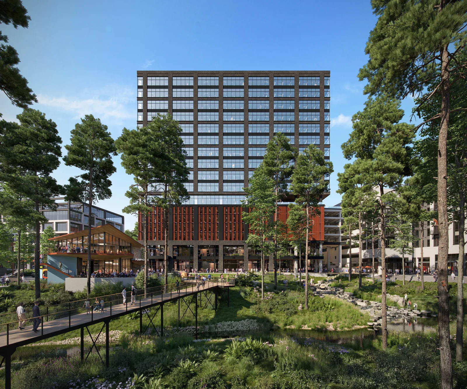 Office tower, boardwalk and pines at the North Hills Innovation District in Raleigh