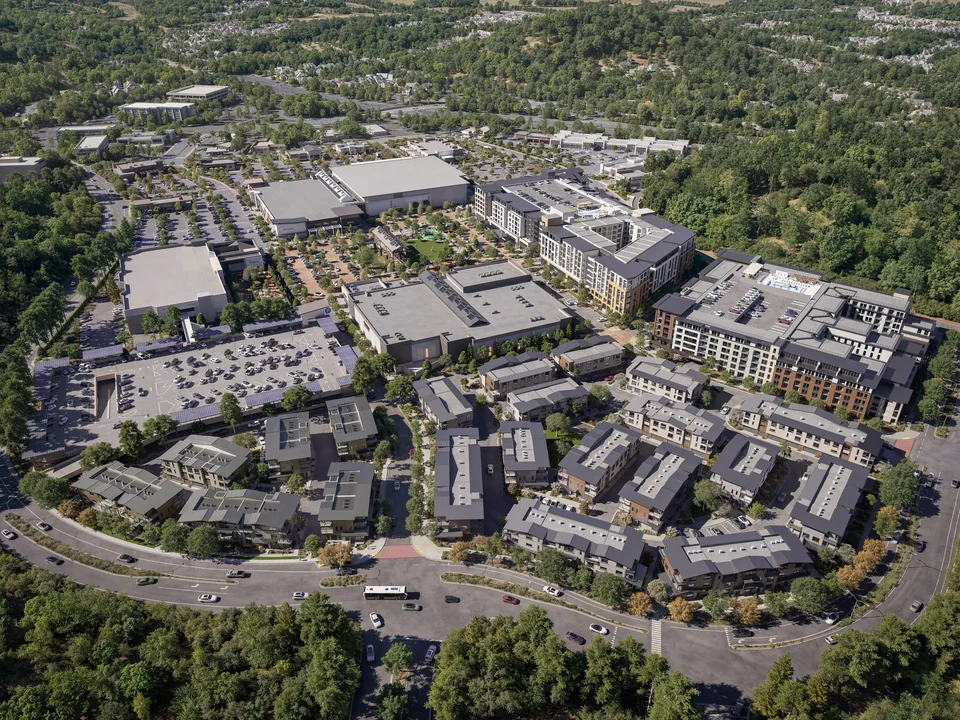 Aerial of the Northgate Town Square plan in San Rafael with new housing blocks and streets