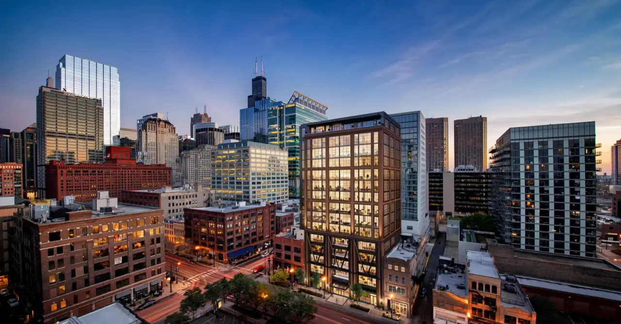 Dusk visualization of 609 West Randolph and the Chicago skyline