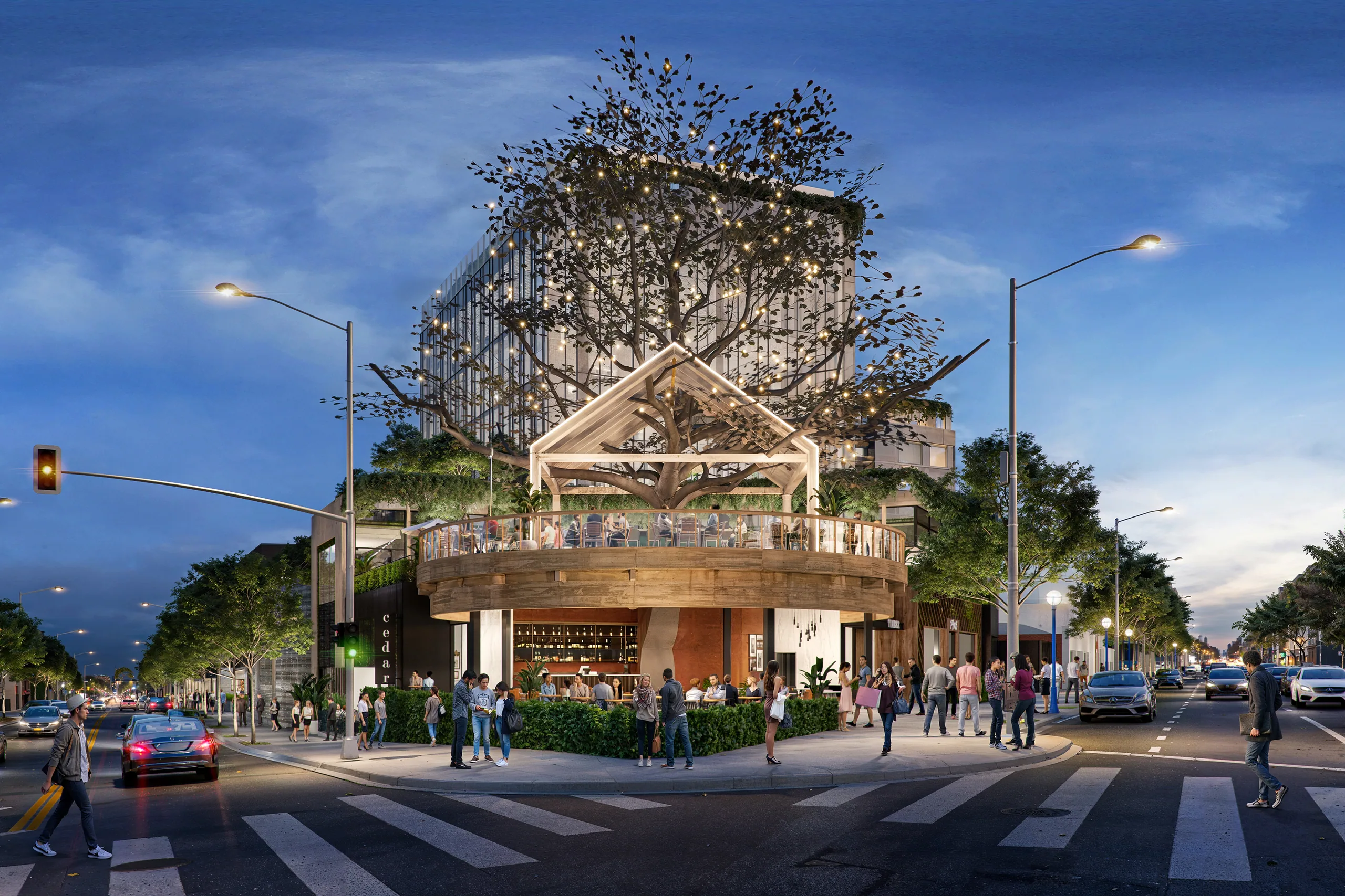 Corner restaurant and terrace under a sculptural tree canopy at Robertson Lane, West Hollywood, at dusk