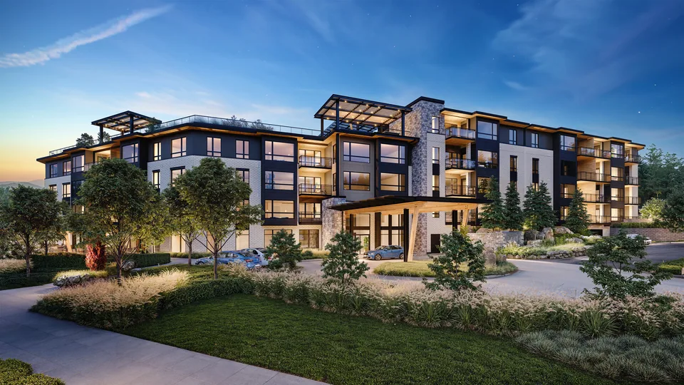 Rendering of Springs Living at Lake Oswego, a senior living project in Lake Oswego, OR: entry and landscaping at dusk – BOGZA