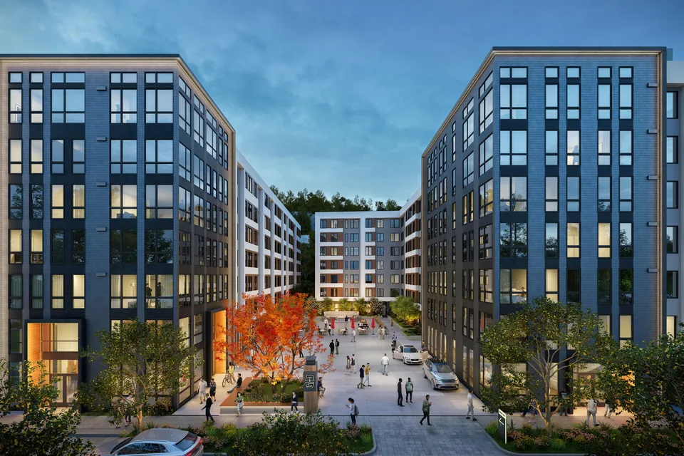 Central courtyard between residential buildings at Trailside Student Living Student Living in Seattle at dusk