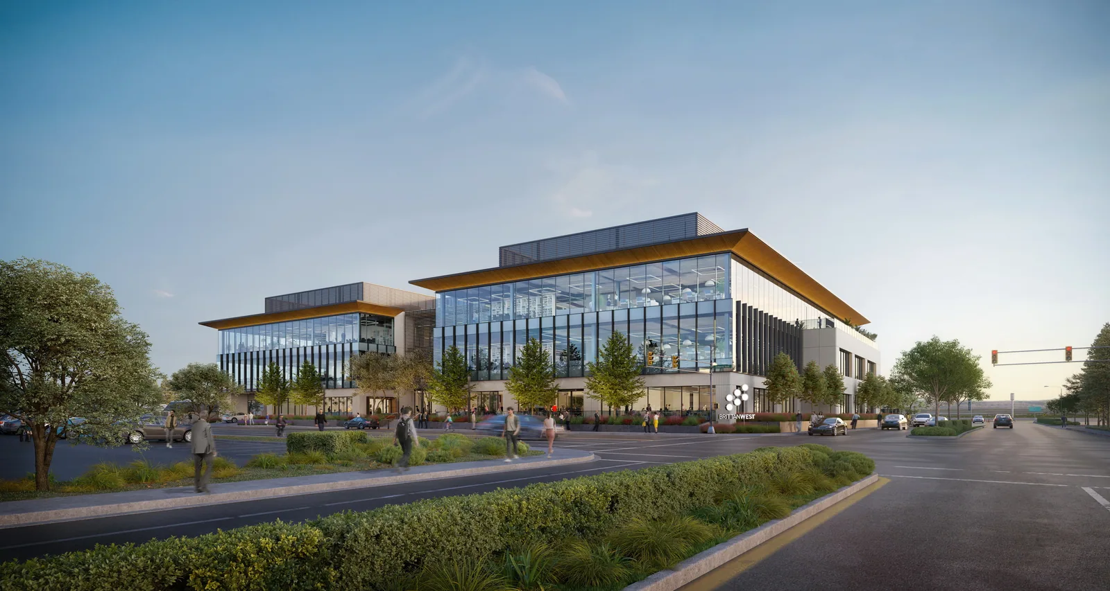 Brittan West life sciences building at 1091 Industrial Road in San Carlos, seen from the road with landscaped median
