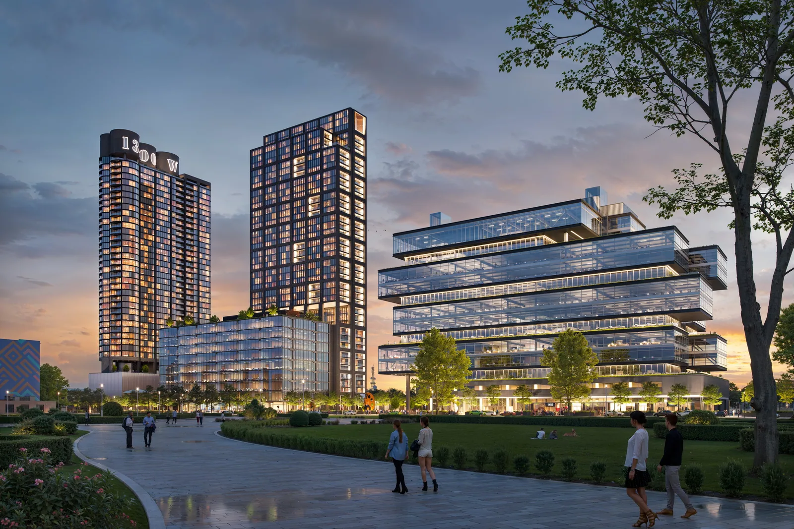 Stacked glass office floors of 1200 W. Carroll in Chicago at dusk beside a park and two towers