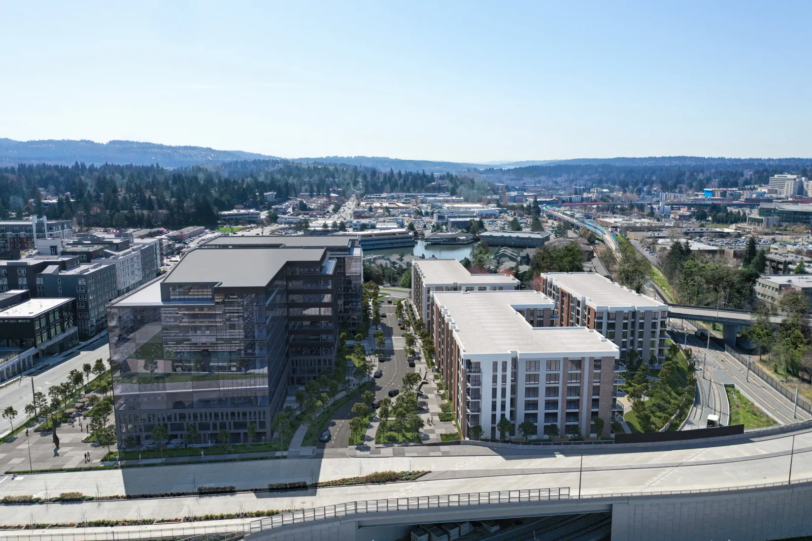 Aerial of the 12th Place Development in Bellevue showing an office building and courtyard housing