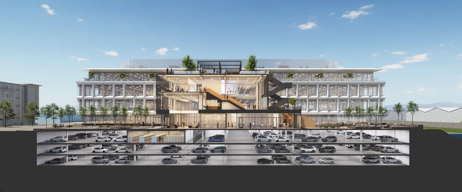 Section rendering of 1421 Old County in Belmont showing the buildings above an underground garage