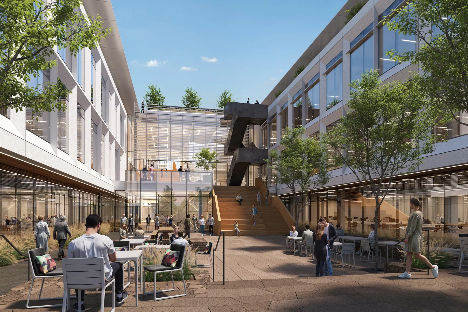 Planted courtyard at 1421 Old County in Belmont with an open steel stair and outdoor seating