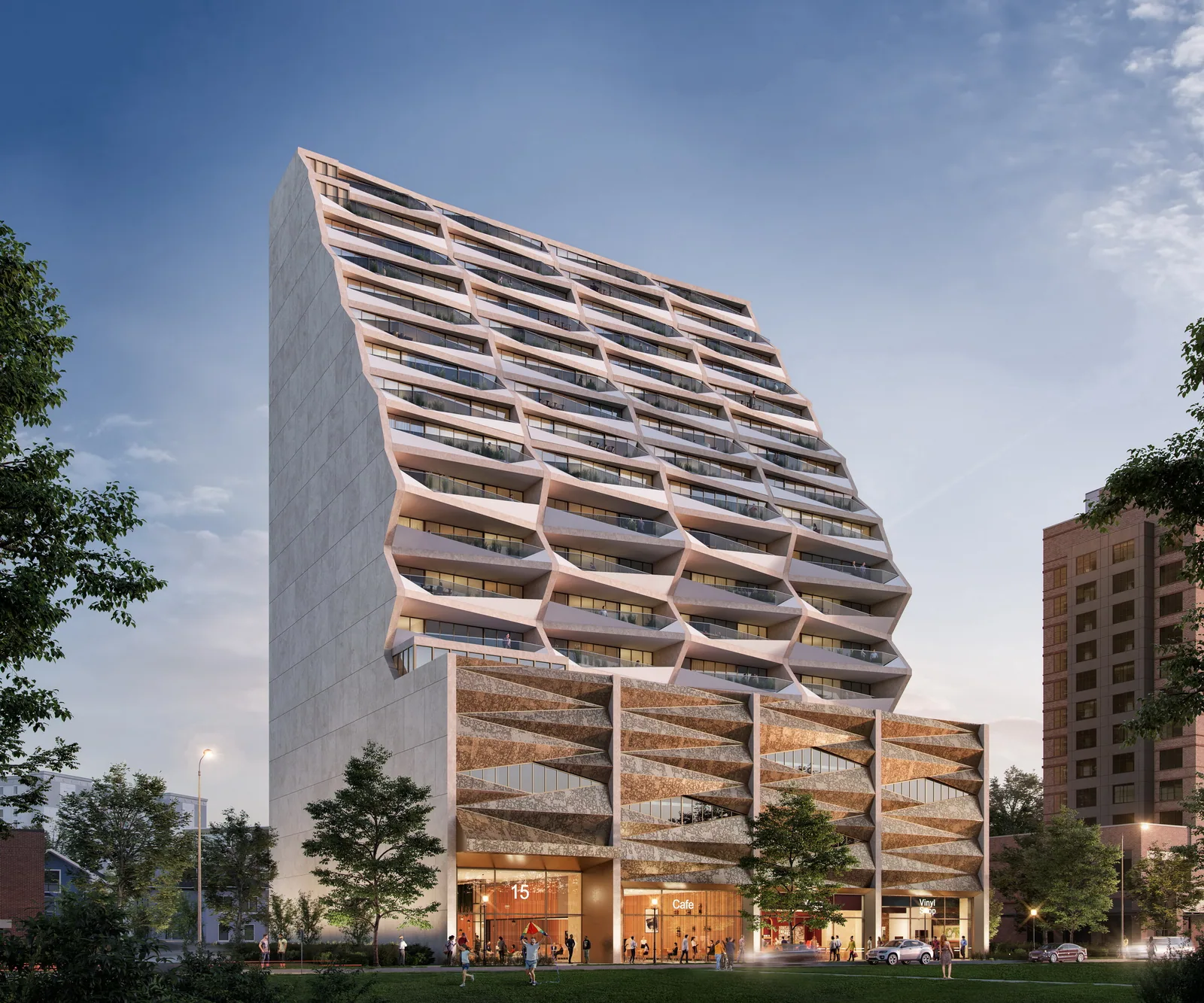 Stepped residential tower at 15 Music Square in Nashville with sculpted balconies at dusk