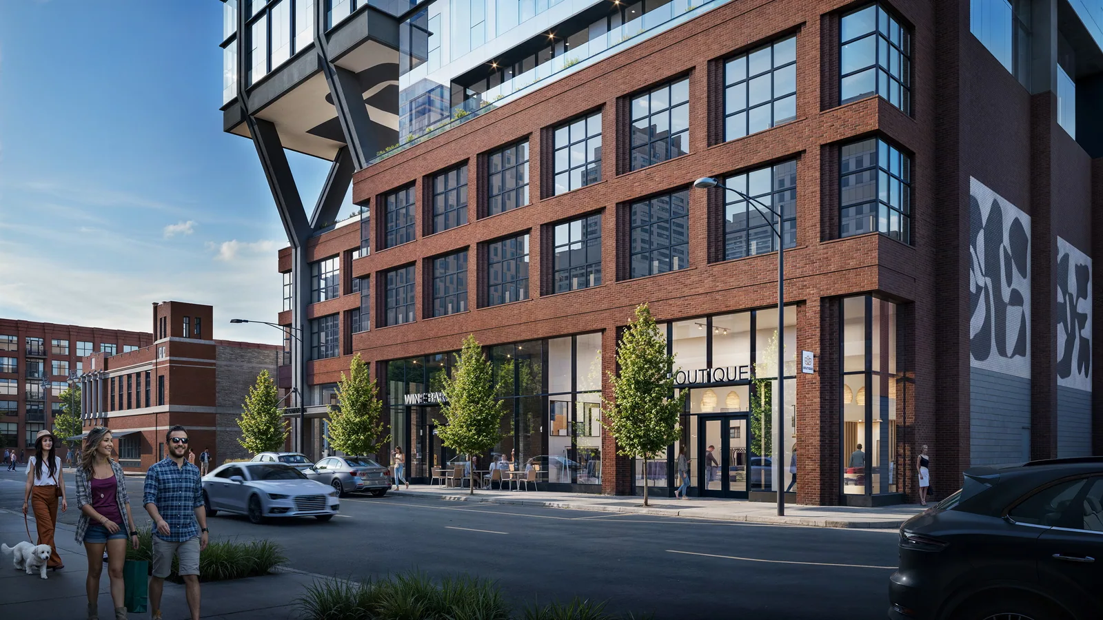 The Dylan at 160 N. Morgan in Chicago: brick base, angled steel supports and street life