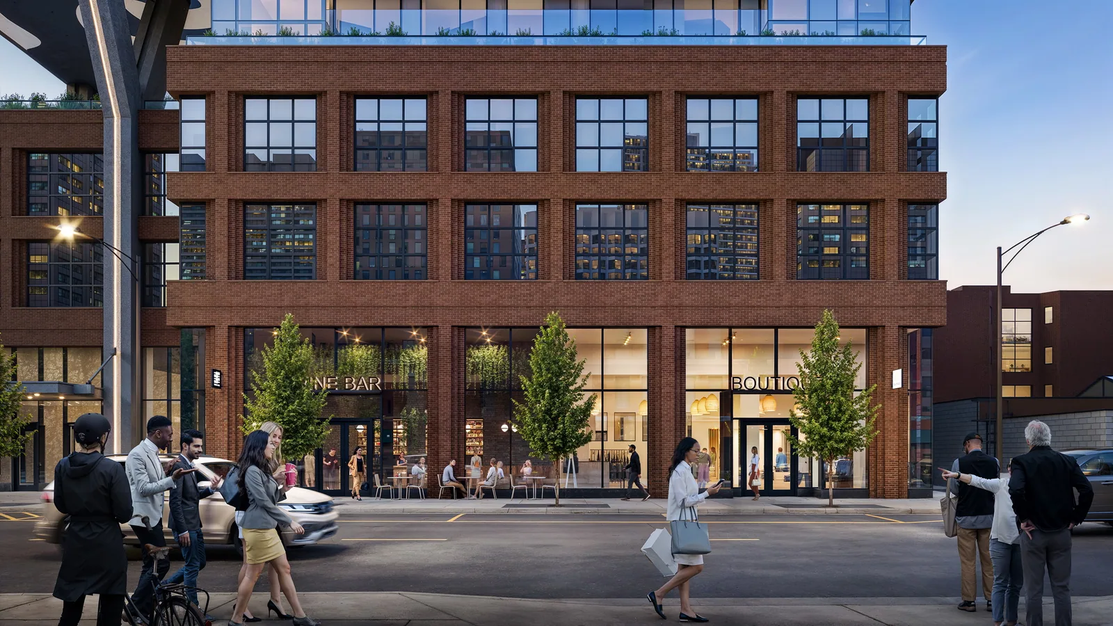 Brick base and storefronts of The Dylan at 160 N. Morgan in Chicago's Fulton Market, street view