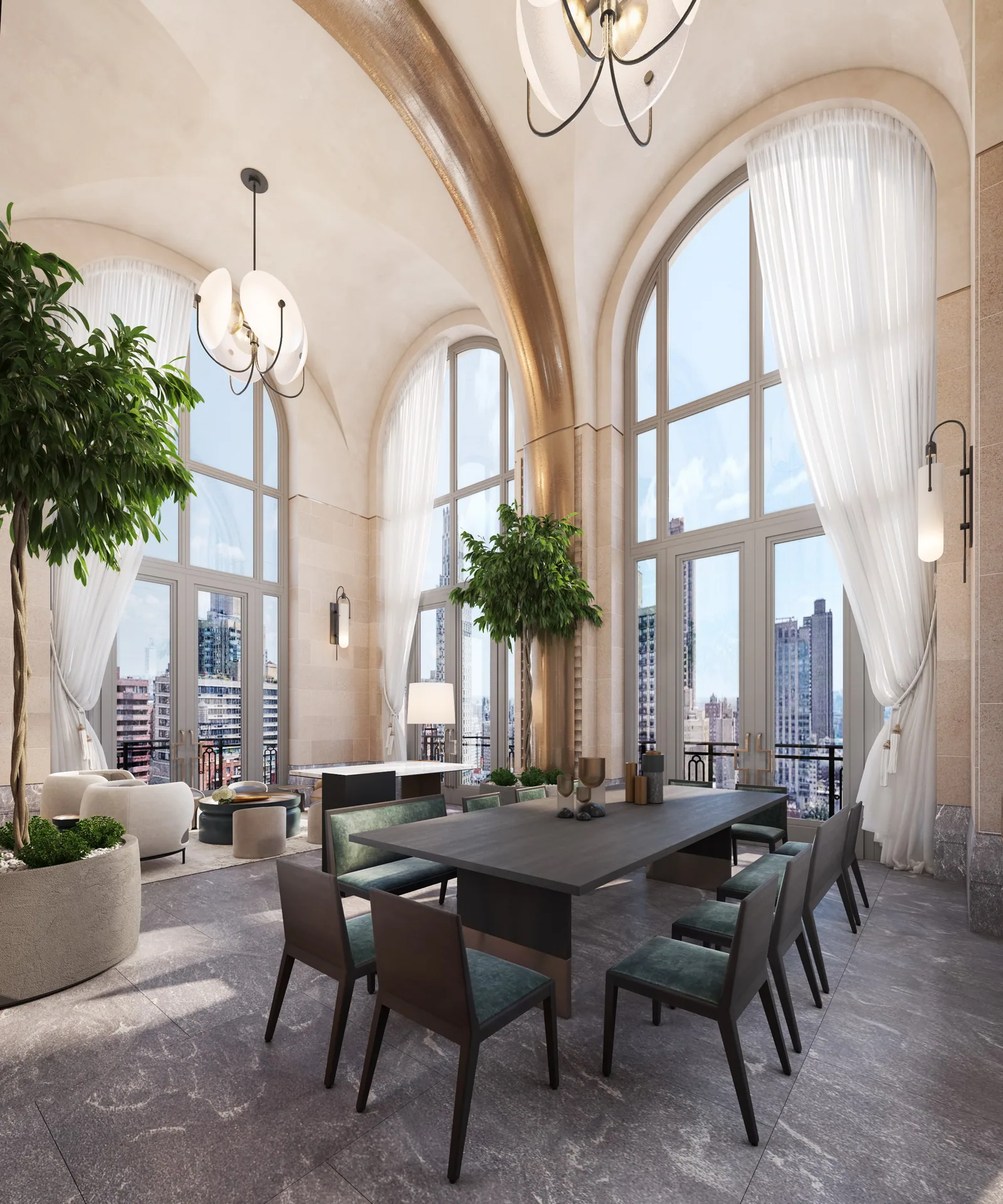 Private dining room under tall arched windows at 200 East 83rd St, Upper East Side, New York