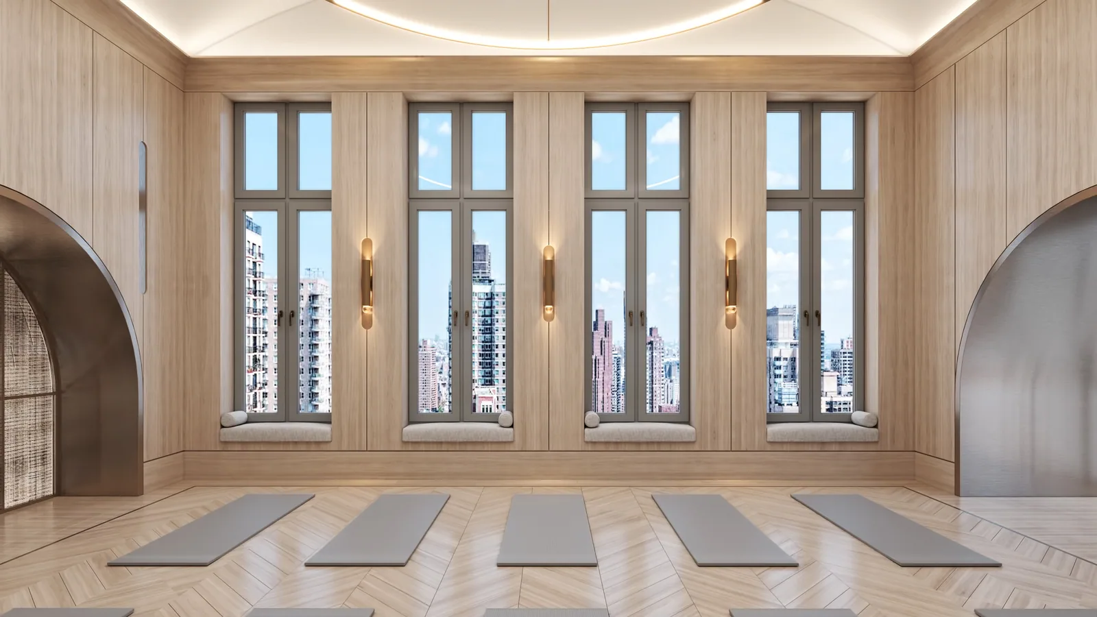 Wood-paneled studio with tall windows and city views at 200 East 83rd St, New York