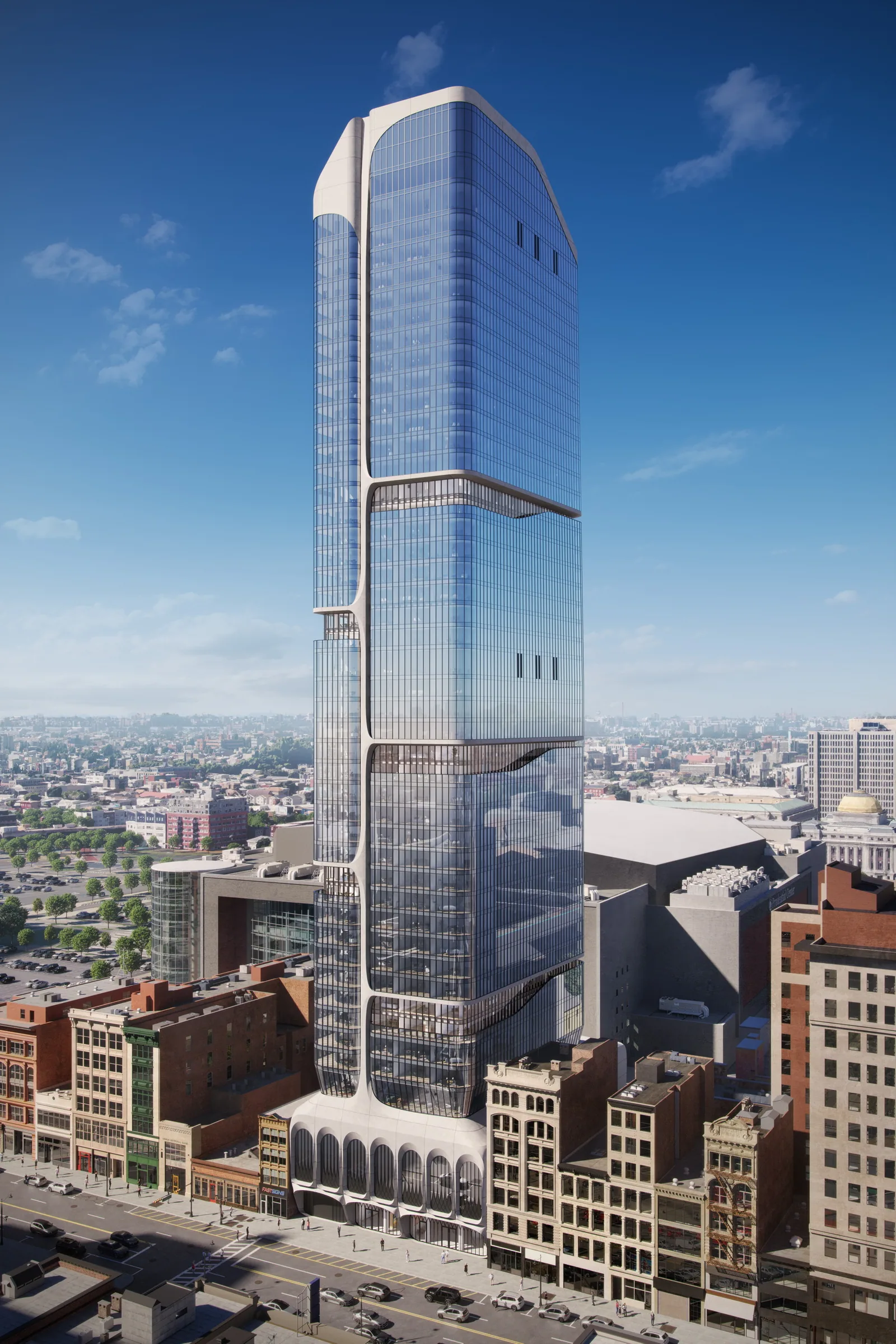 Aerial of the 41-story Summit Tower glass tower at 206 Market St rising over downtown Newark