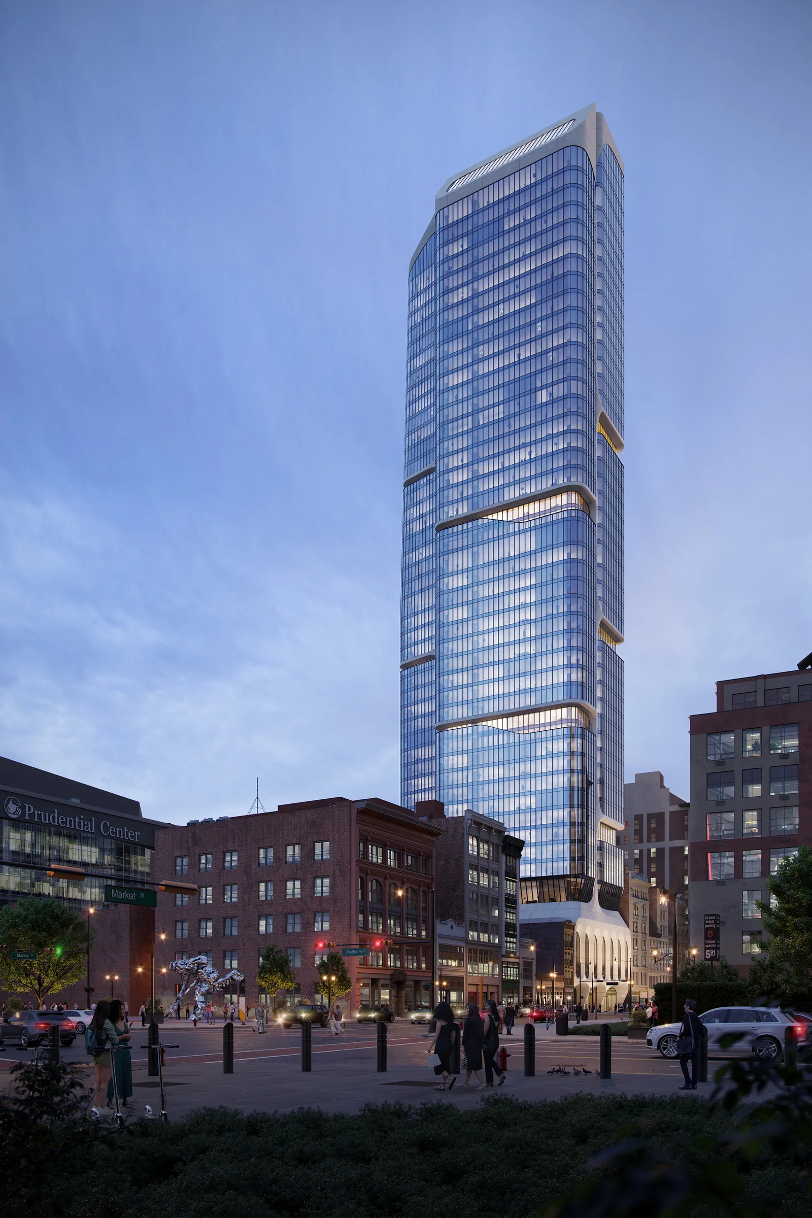 Summit Tower at 206 Market St in Newark seen at dusk from the plaza near the Prudential Center
