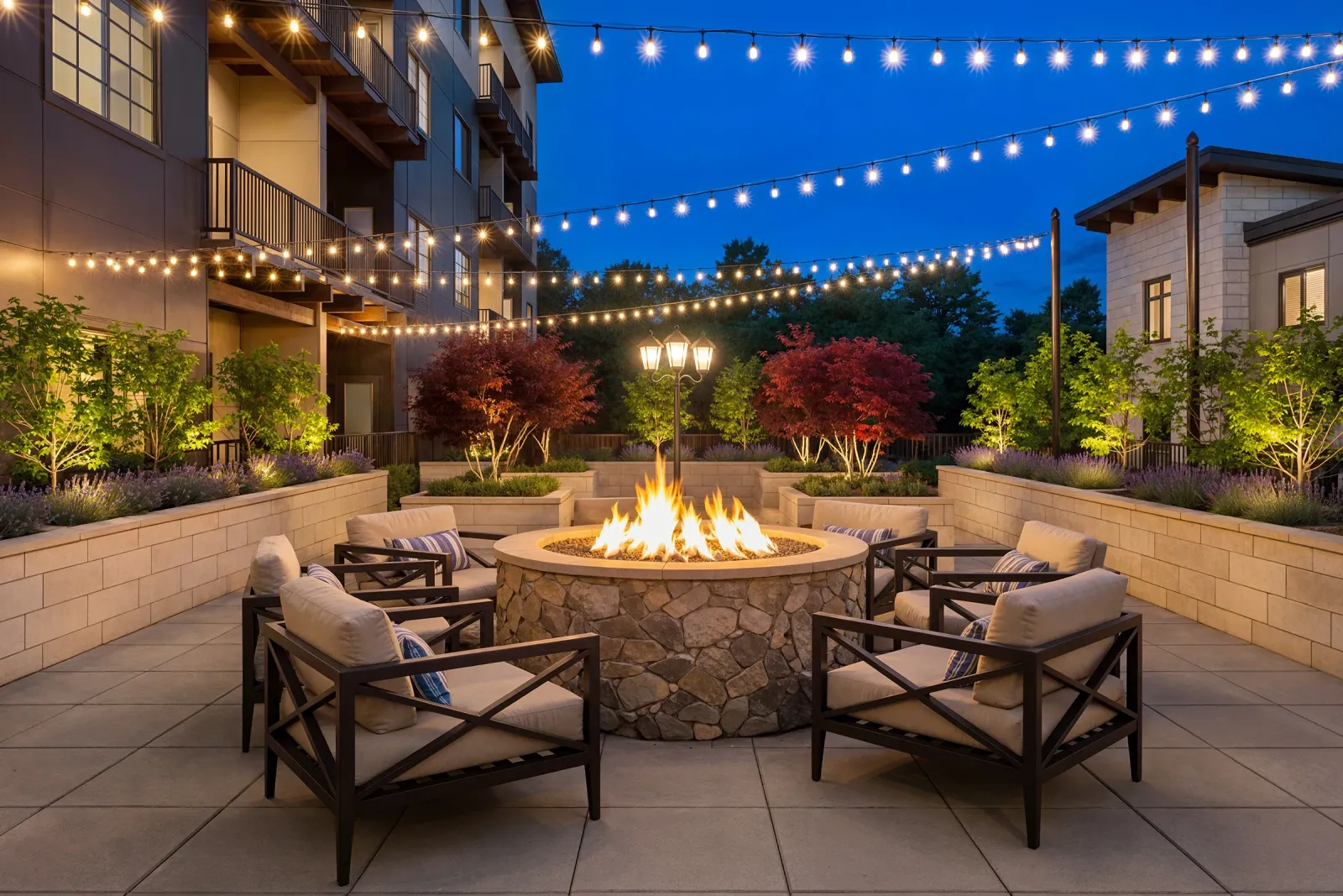 Roof terrace with a stone fire pit, lounge chairs and string lights at night at Belle Harbour, Bellevue