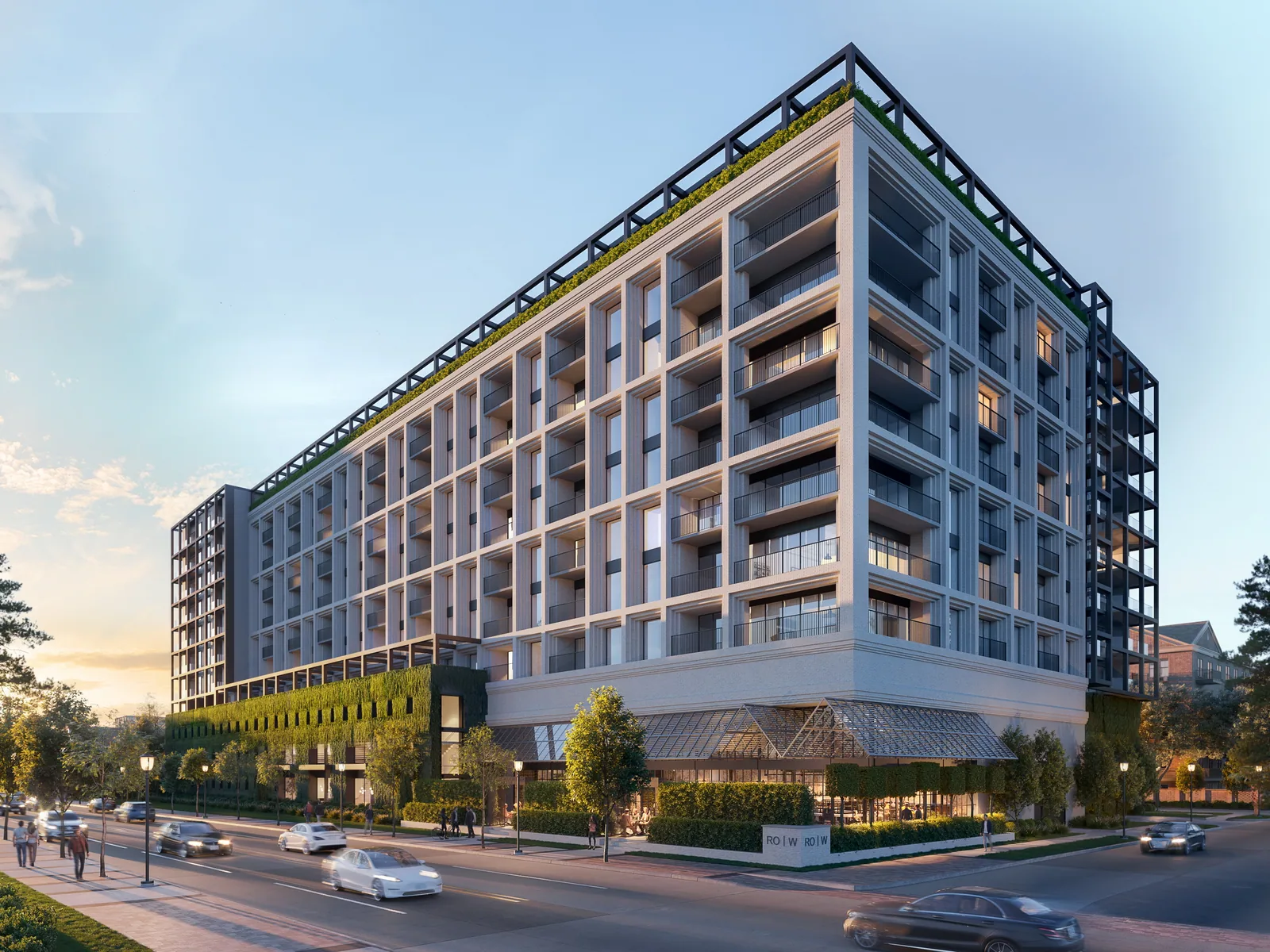 Twelve-story Rone Residences at 2311 Westheimer Rd in Houston at sunset with balconies and roof frame