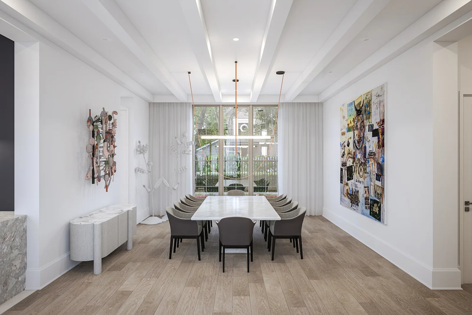 Bright dining room with long table, modern art and tall windows in the 2712 Maria Anna home, Austin