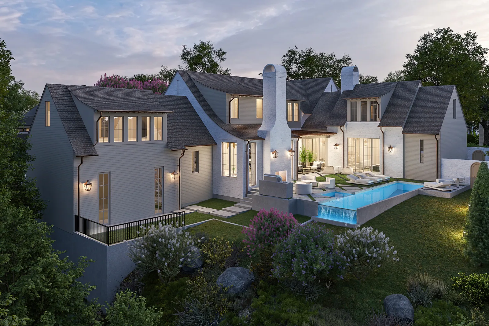 Rear terrace and infinity-edge pool of the 2712 Maria Anna home in Austin at dusk, seen from above