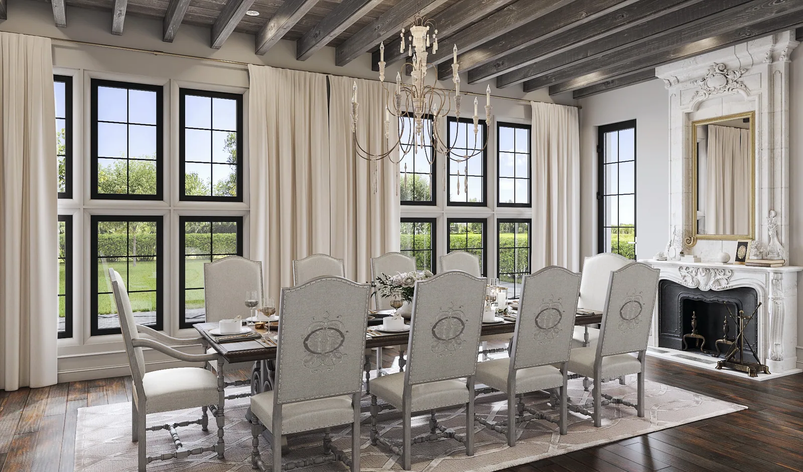 Dining room with beamed ceiling, ornate fireplace and steel windows at 3014 Del Monte, Houston