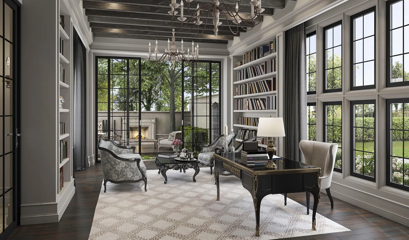 Study with bookshelves, chandeliers and steel windows to the garden at 3014 Del Monte, Houston