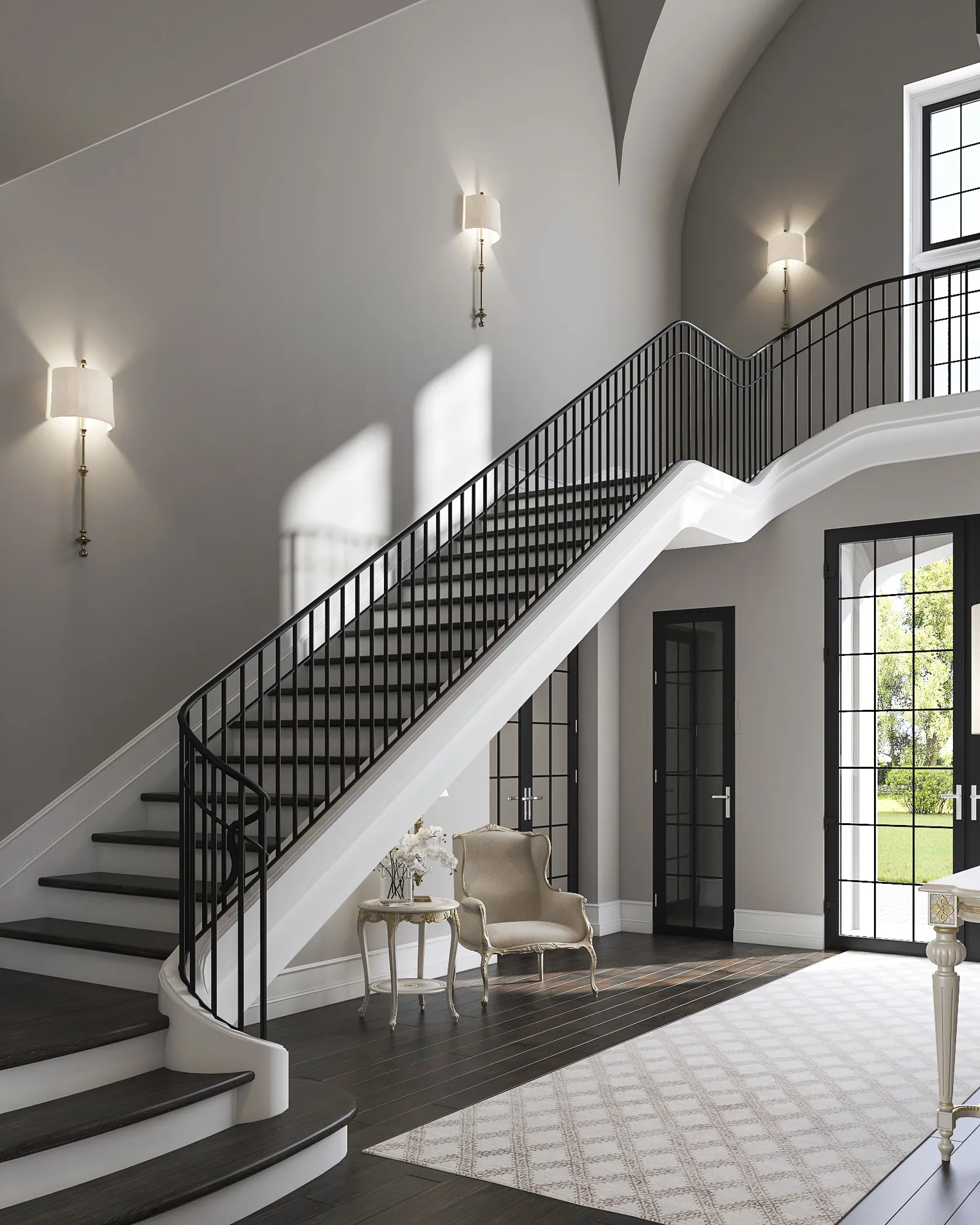 Curved stair with black iron railing and vaulted ceiling in the 3014 Del Monte home, Houston