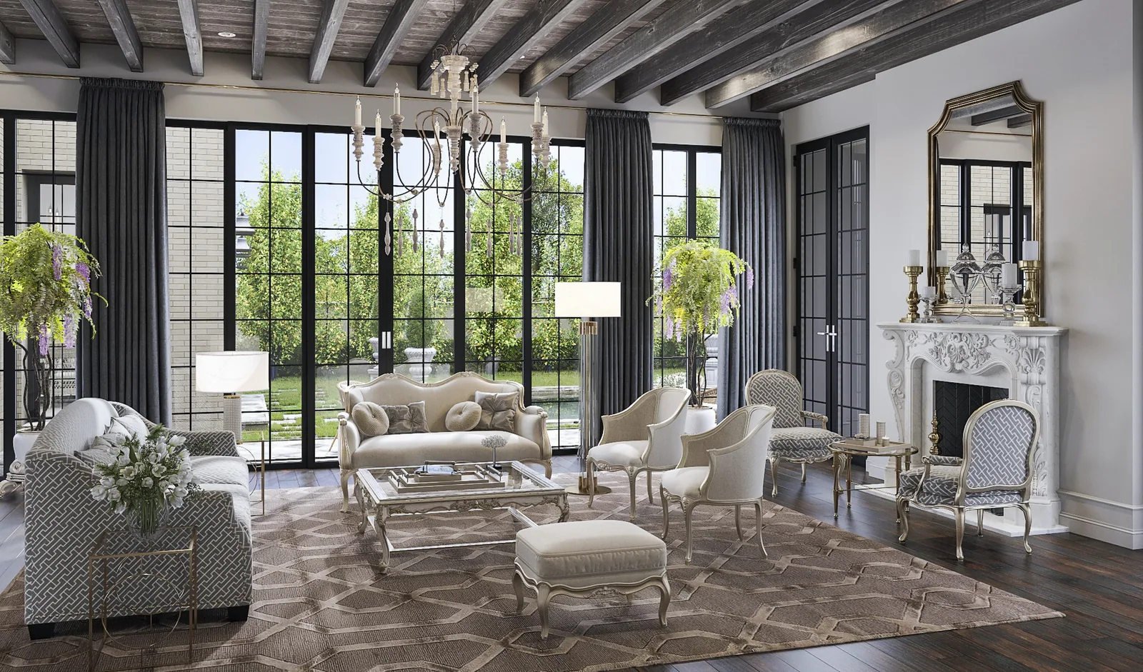 Living room with beamed ceiling, black steel windows and classic furniture at 3014 Del Monte, Houston