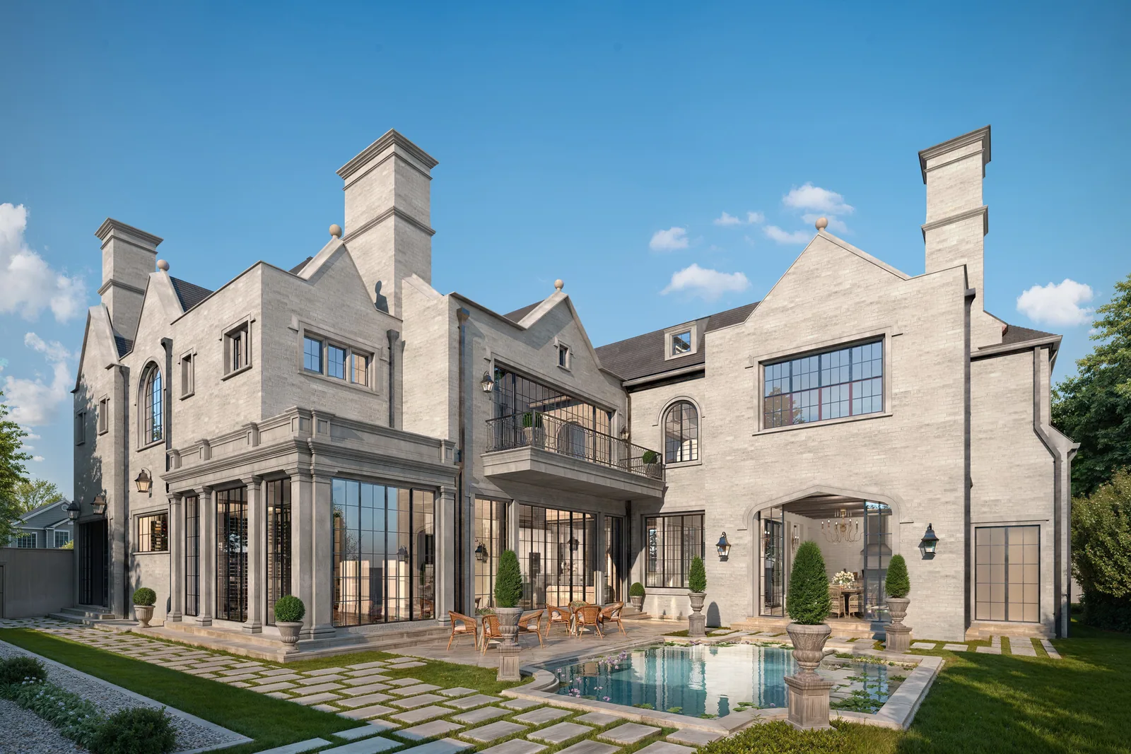 Rear of the 3014 Del Monte limestone home in Houston with arched windows, terrace and pool