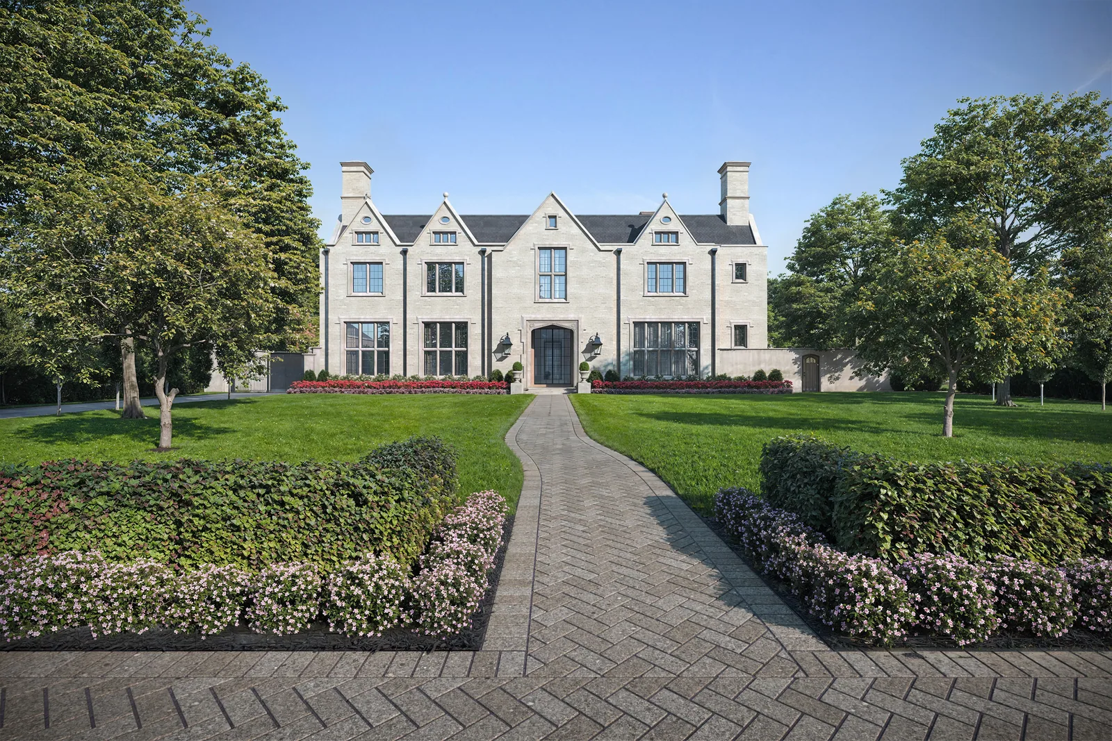 Limestone custom home at 3014 Del Monte in Houston with steep gables, herringbone walk and gardens