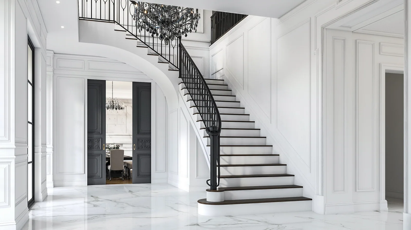 Marble entry hall with curving iron-railed stair and chandelier in the 3024 Del Monte home, Houston