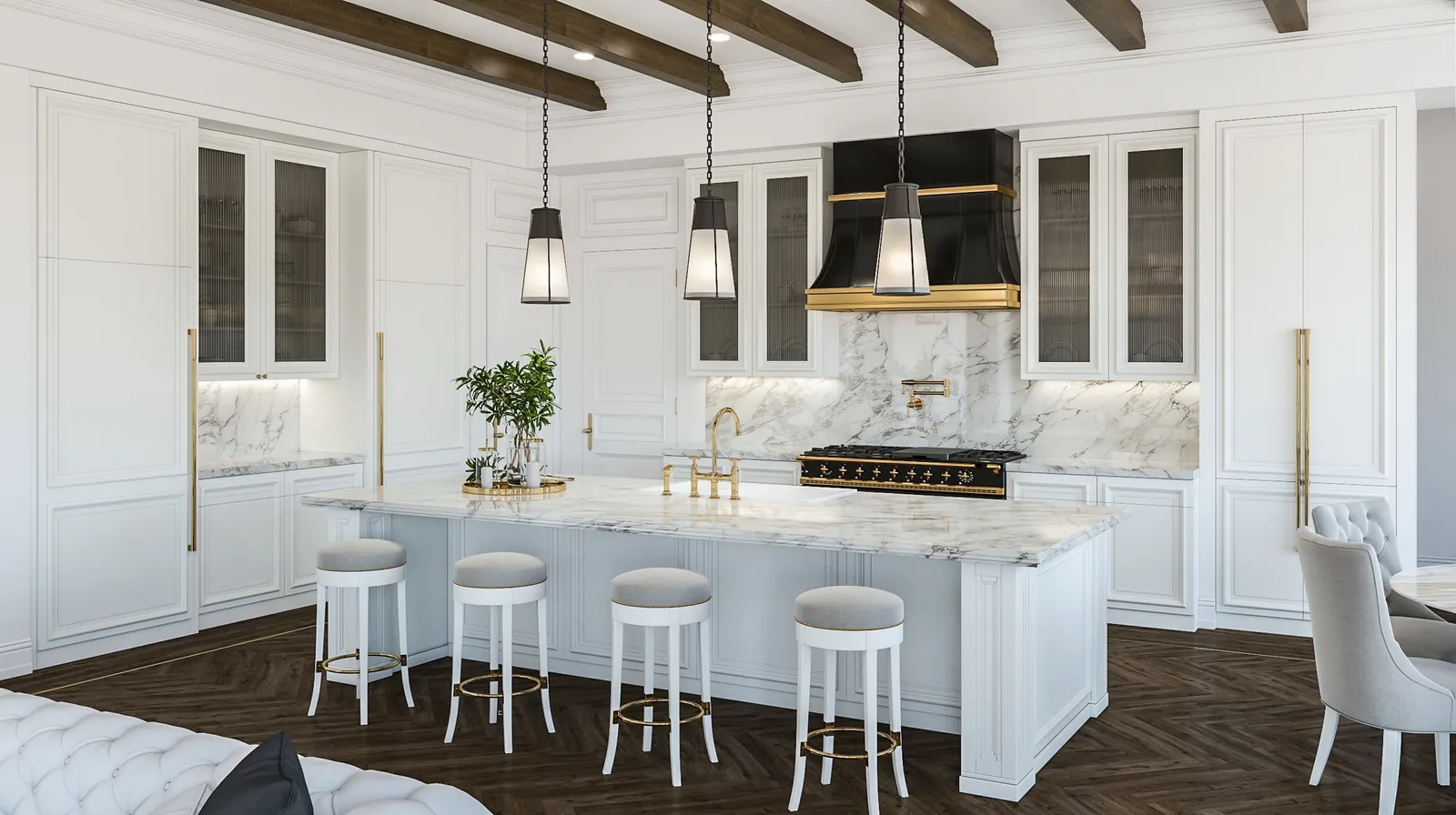 White kitchen with marble island, brass fixtures and beamed ceiling at 3024 Del Monte, Houston