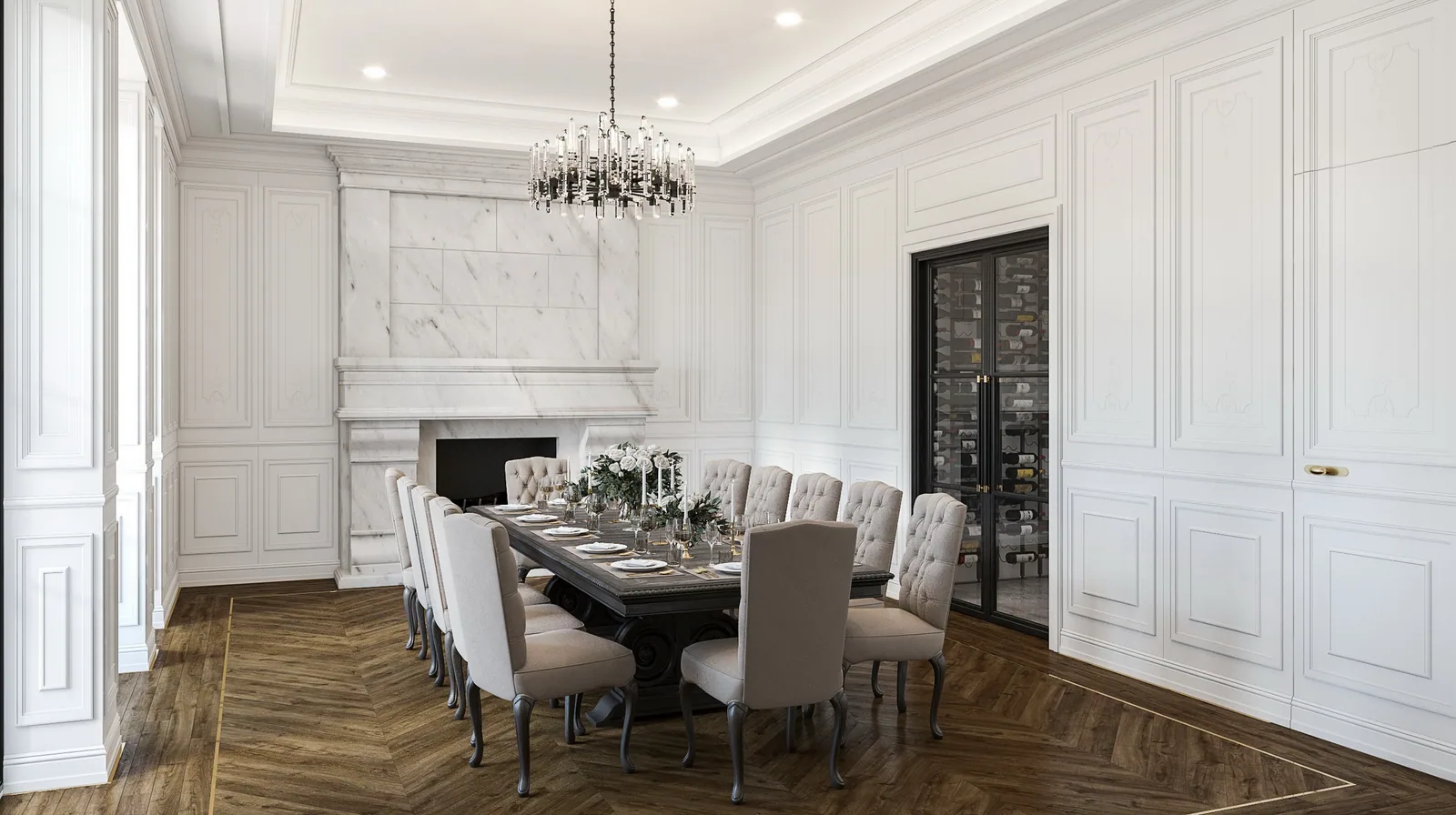 Paneled white dining room with chandelier, stone fireplace and wine room at 3024 Del Monte, Houston